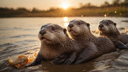 Three playful otters swimming in a serene river at sunset, enjoying a meal, with nature in the background