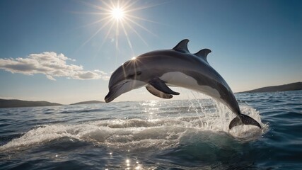 Fototapeta premium A playful dolphin leaps out of the ocean under a bright sun, showcasing its agility and grace