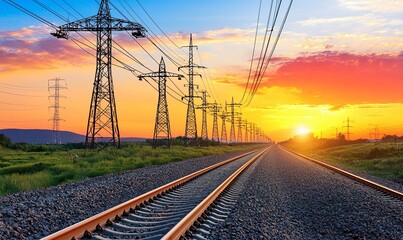 Railway tracks, power lines at sunset