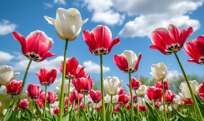 Fototapeta premium Red and white tulips blooming in a field under a blue sky, spring garden scene, ideal for floral backgrounds