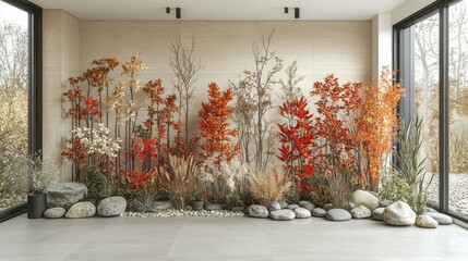 A tranquil and eco-friendly 3D stage with dry plants, rocks, and a pastel beige and cream background, offering a clean, minimalist layout with abundant copy space for product promotion.