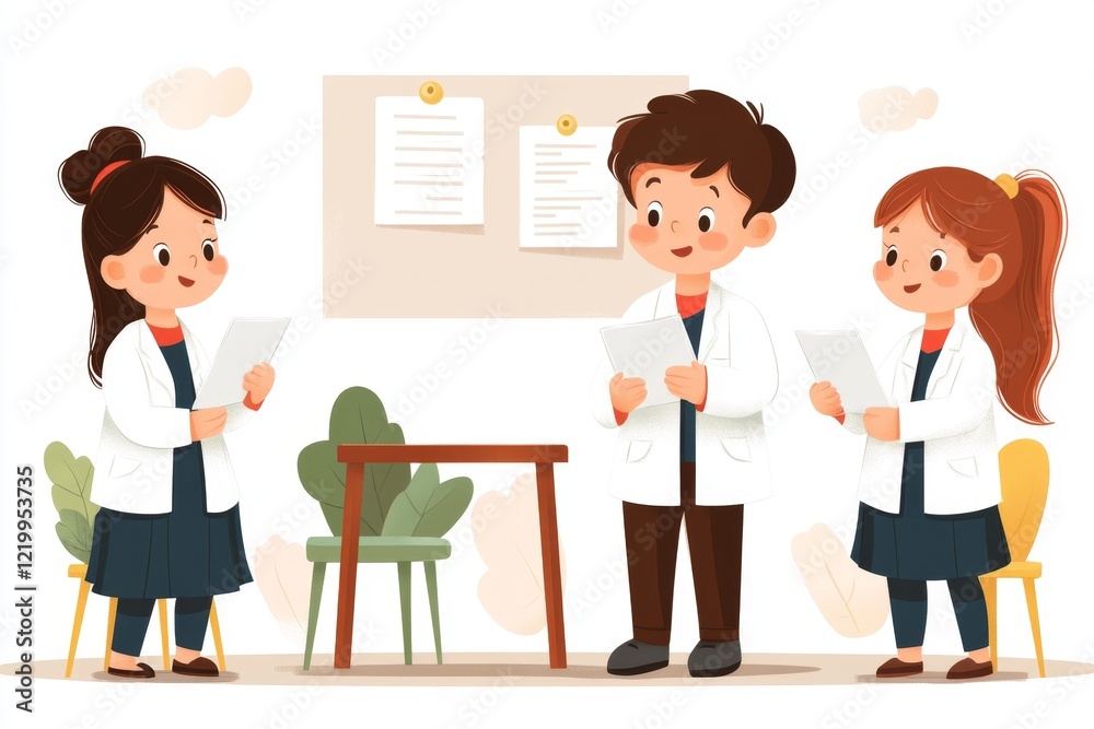 Aufkleber a flat 2d design of a child nervously standing in front of a classroom, holding a piece of paper wit