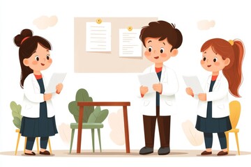 Obraz premium A flat 2D design of a child nervously standing in front of a classroom, holding a piece of paper with shaking hands, illustrated in soft pastel colors on a clean white background