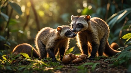 Fototapeta premium Two playful animals interact in a lush forest, surrounded by greenery and soft sunlight