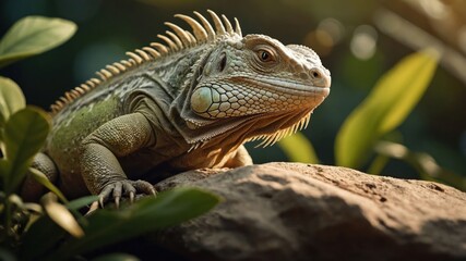 Obraz premium Close-up view of a vibrant iguana resting on a rock surrounded by lush green foliage