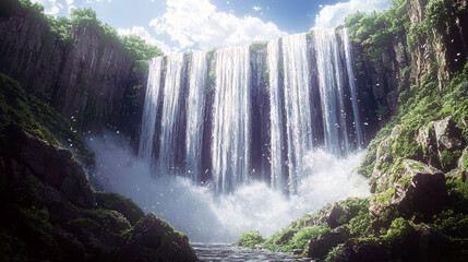 Naklejka premium Majestic Waterfall in Lush Forest: A Breathtaking Nature Scene