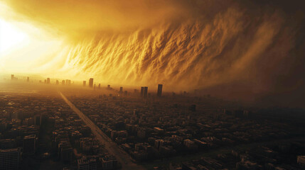 Dramatic Storm Clouds over City at Sunset