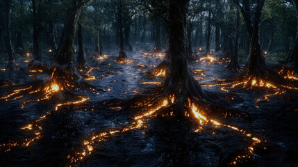Obraz premium Enchanted Forest: A fiery path winds through a dark, mystical forest, where glowing embers illuminate ancient trees and their burning roots.