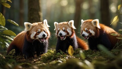 Three playful red pandas interacting in a lush forest, surrounded by vibrant greenery and soft sunlight