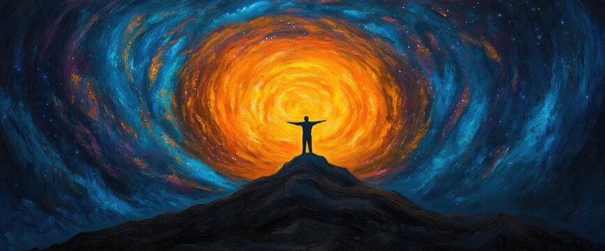 Man on peak, cosmic swirl background, spiritual awakening, hope concept