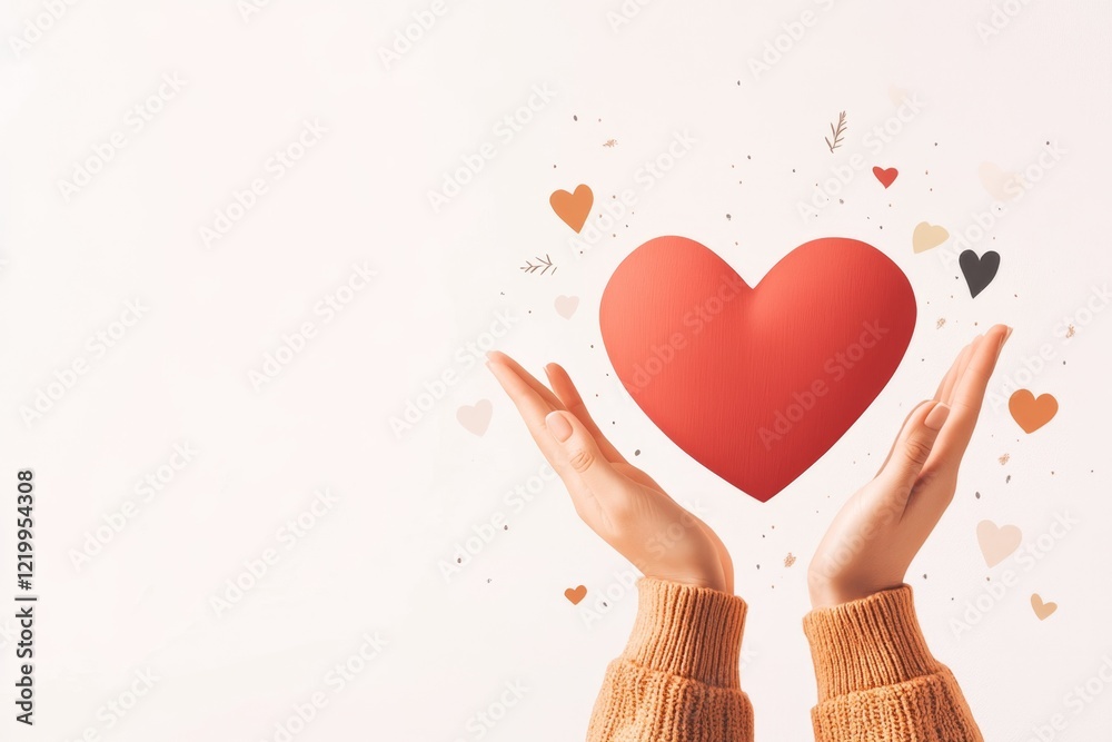 Aufkleber a flat design of a single heart floating above an open hand, with clean lines and warm, pastel color