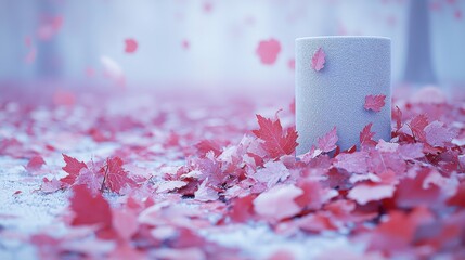 Elegant cylinder podium surrounded by leaves on a pastel background, ideal for displaying products, cosmetics, banners, or promoting sales and discounts in a minimalist presentation.