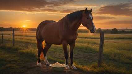 Fototapeta premium Majestic horse standing near a feeding bowl at sunset in a serene countryside landscape