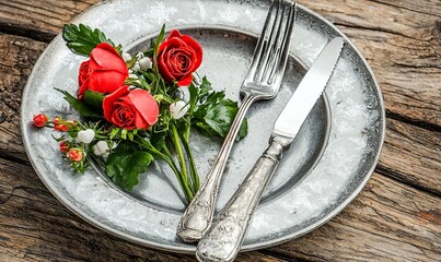 Red roses on vintage plate with silverware on rustic wood table, romantic dinner setting