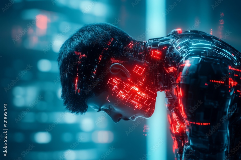 Poster a futuristic scene of a person standing in a glowing holographic chamber, their head bowed as digita
