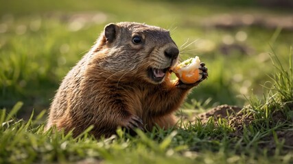 Naklejka premium A playful groundhog munching on an orange in a sunlit grassy field during spring
