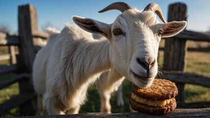 Fototapeta premium Goat holding a sandwich in a rural setting, with a wooden fence and green grass in the background
