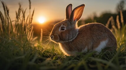 A serene rabbit sitting in lush green grass during a golden sunset in a tranquil landscape