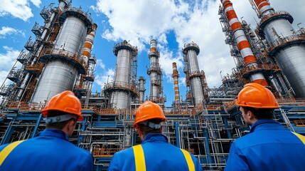 A group of site engineers on a petrochemical plant site, analyzing structural integrity and ensuring operational safety in plant facilities and equipment.