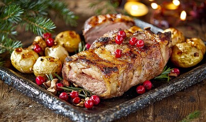 Roasted meat with potatoes and cranberries on festive table
