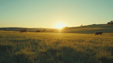 Obraz premium A herd of cows are grazing in a field with a beautiful sunset in the background
