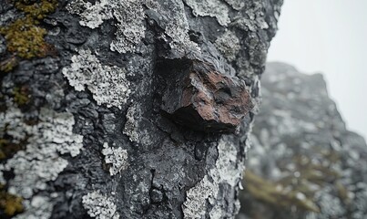 Fototapeta premium Rugged rock face with lichen, moss, and mineral deposit, mountain backdrop, ideal for nature/geology themes