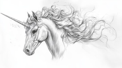 Enchanting Fantasy Unicorn Pencil Sketch with Flowing Mane and Intricate Details in a Magical Atmosphere