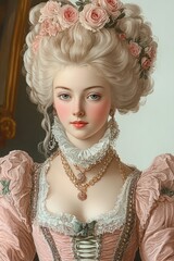 Fototapeta premium 18th Century Woman Portrait in Pastel Gown with Floral Decorations