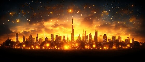 Fototapeta premium Golden City Skyline at Night with Starry Sky