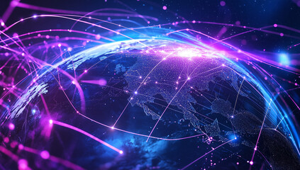 Fototapeta premium A purple and blue gradient background with the Earth on it, digital lines of light around the globe, and data visualization in a black space.