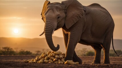 Fototapeta premium Majestic elephant at sunset interacting with a pile of potatoes in a serene landscape