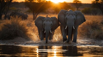 Obraz premium Two elephants walking through water at sunset, surrounded by trees and wildlife in the background
