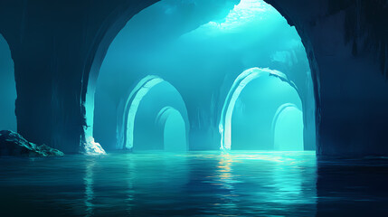 A serene underwater cavern with illuminated arches and calm water. Dream Cavern. Illustration