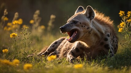 Obraz premium A hyena resting in a sunlit meadow filled with wildflowers, showcasing its fierce expression