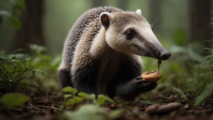 Obraz premium A curious anteater enjoying a sweet treat in a lush, green forest setting with soft sunlight filtering through