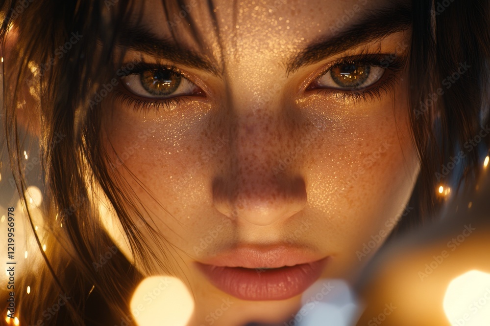 Poster A hyper-realistic close-up of a person face, their brows furrowed and lips slightly parted as they stare at a perplexing object in their hand, with visible pores and fine lighting details