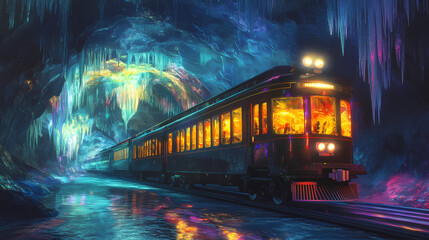 Fototapeta premium A train in a shimmering, ice-like cavern illuminated by glowing lights. Dream Cavern. Illustration