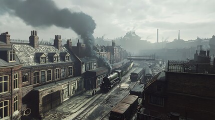 Steam Trains & Brick Buildings with smoke filled sky