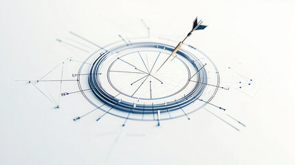 3D diagram combining segmentation, targeting, and precision with dart hitting center of circular target, symbolizing accuracy and focus