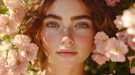 Obraz premium Freckled woman, flowers, sunlight, garden, beauty