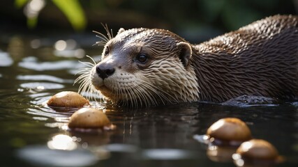 Playful otter swimming in a serene pond surrounded by floating stones and lush greenery