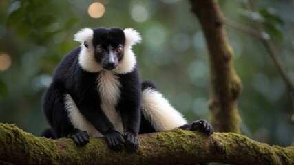 Fototapeta premium A black and white lemur perched on a mossy branch in a lush forest, surrounded by greenery