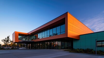Modern orange building sunset business park. Ideal for corporate brochure