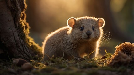 Fototapeta premium Adorable small creature curiously exploring a sunlit forest floor surrounded by nature's beauty