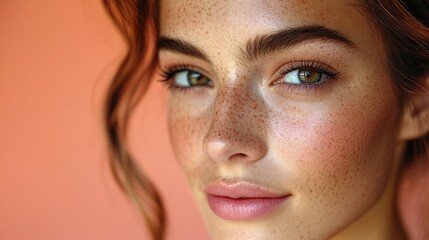 Freckled woman portrait, peach background, beauty ad