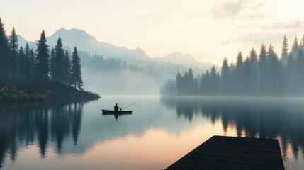 Fisherman Casting Line Into Misty Lake Surrounded By Mountains In Quiet Morning Light