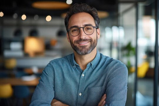 Confident Hispanic Businessman Smiling in Modern Office Portrait with Arms Crossed