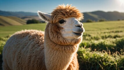 Obraz premium Close-up of a fluffy alpaca in a lush green field under a bright blue sky during sunset