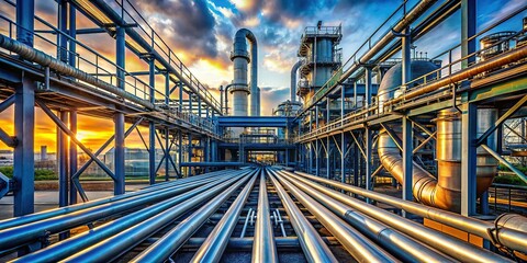 Fototapeta premium Industrial Steel Pipeline Network in Chemical Plant - High-Resolution Stock Photo