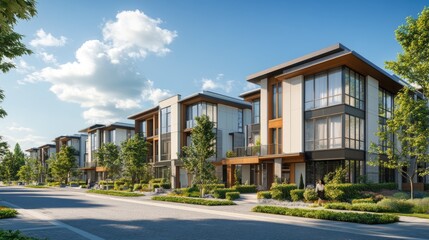 Fototapeta premium Modern townhouses, sunny street, green landscaping, suburban life, real estate